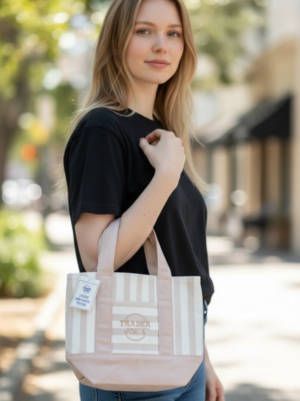 Trader Joe's Beige Stripe Mini Canvas Tote NWT Hot off the press